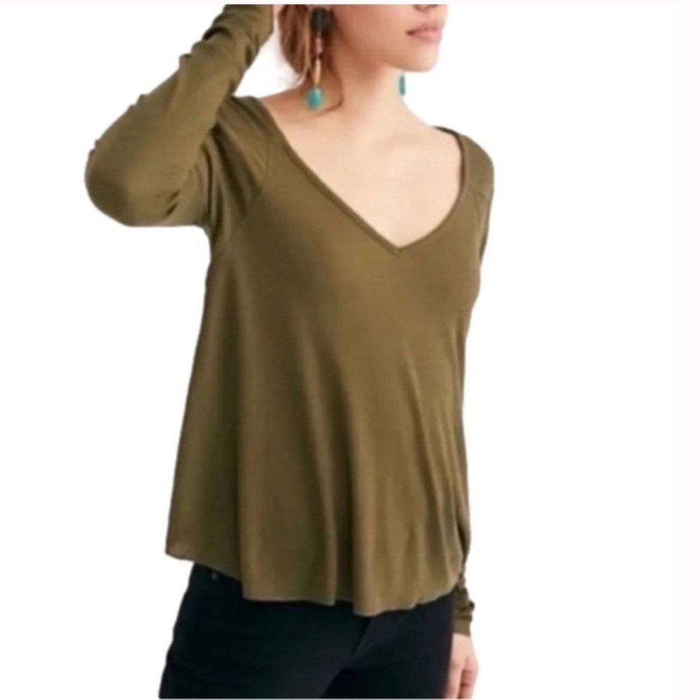 Free People Olive Green Long Sleeve V-Neck Tee